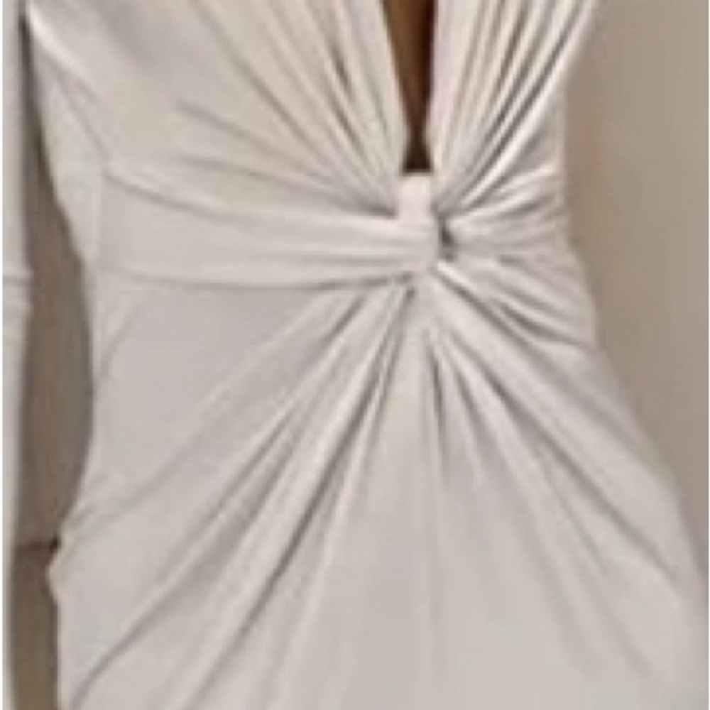 👗 Nothing But Love Plunging Ruched Beige Evening Dress - Size Large ✨ - Picture 6 of 15